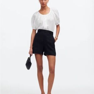 Black Clean Button-Tab Shorts in 100% Linen